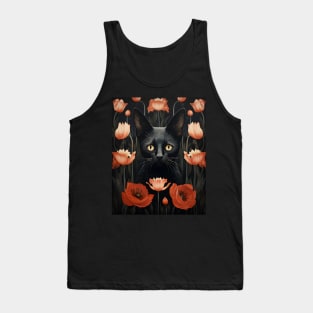 Black Cat Florals Whimsigoth | Gothic Style Kitty and Poppies Tank Top